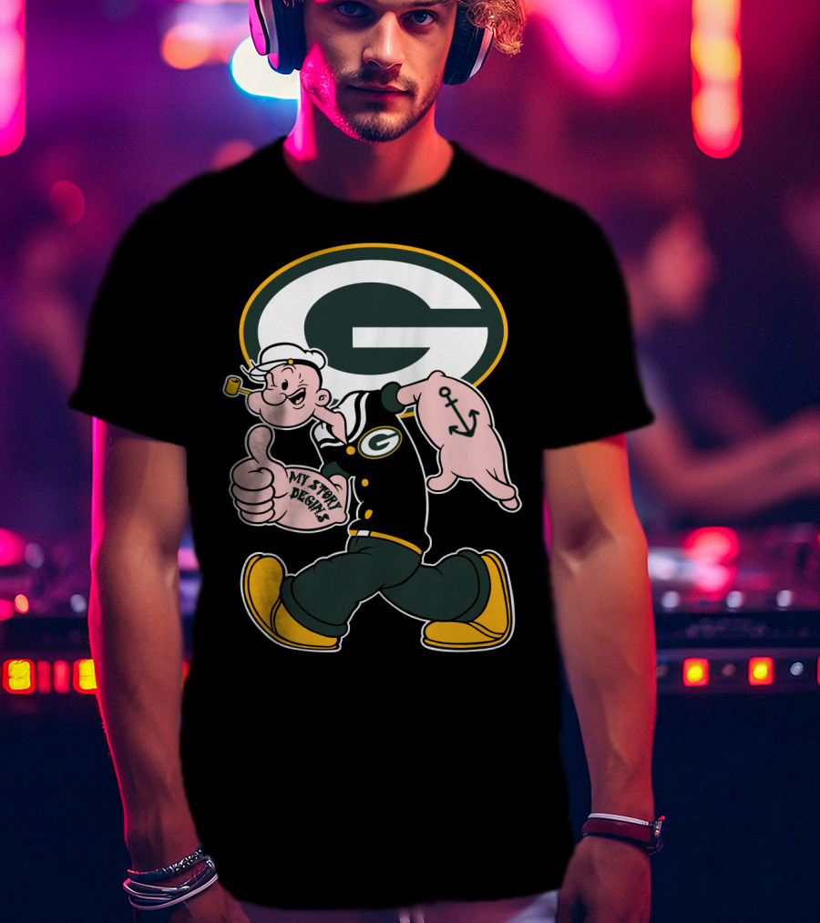 Popeye My Story Begins Green Bay Packers G Logo Anchor Tattoo T-Shirt