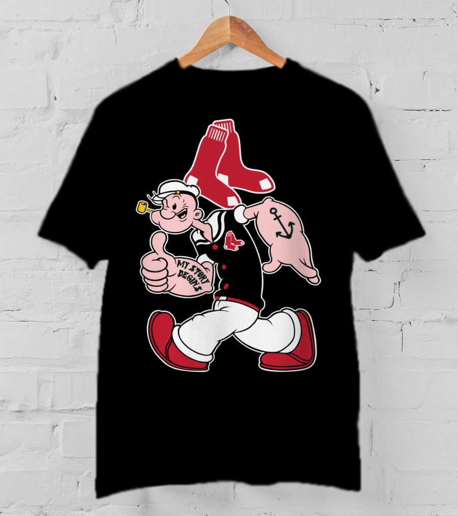 Popeye Thumbs Up Boston Red Sox Double Socks Anchor Tattoo Black T-Shirt