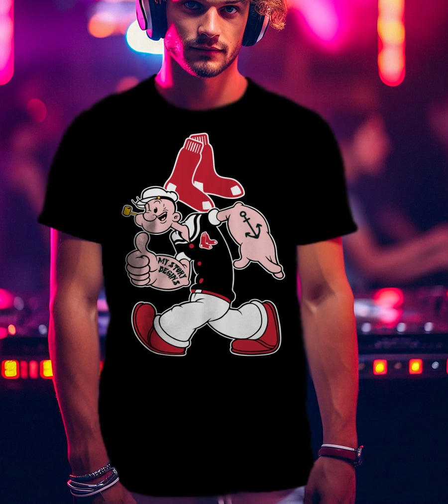 Popeye Thumbs Up Boston Red Sox Double Socks Anchor Tattoo Black T-Shirt