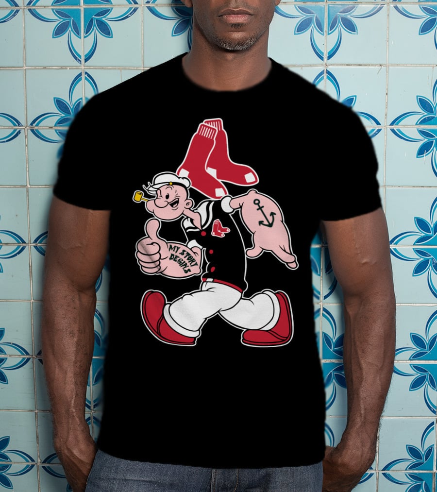 Popeye Thumbs Up Boston Red Sox Double Socks Anchor Tattoo Black T-Shirt