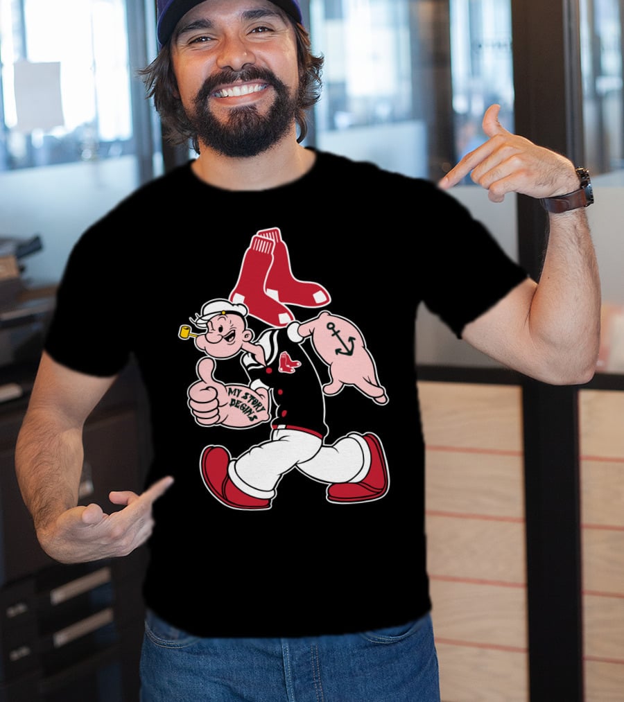 Popeye Thumbs Up Boston Red Sox Double Socks Anchor Tattoo Black T-Shirt