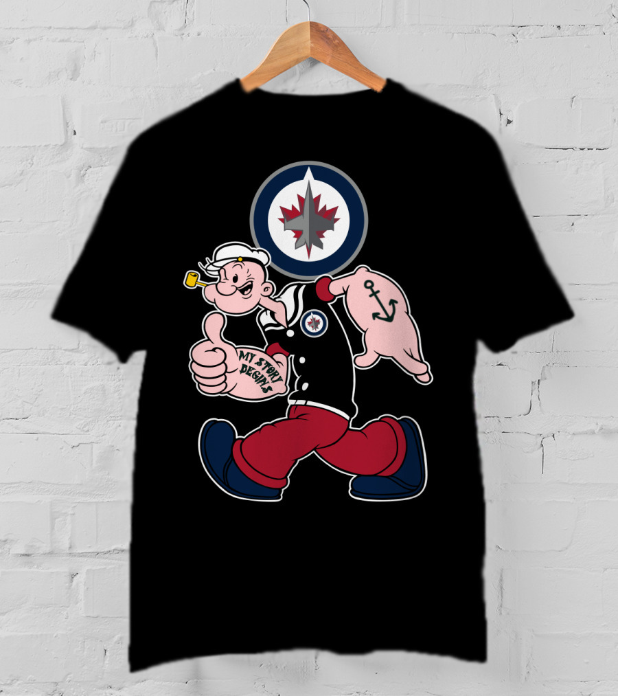 Winnipeg Jets Navy Popeye Walking With Thumbs Up And Anchor Tattoo T-Shirt
