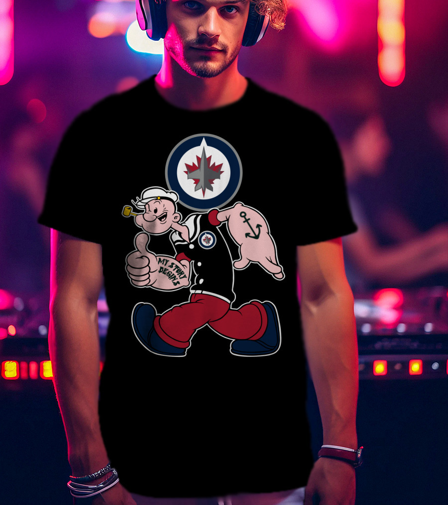 Winnipeg Jets Navy Popeye Walking With Thumbs Up And Anchor Tattoo T-Shirt