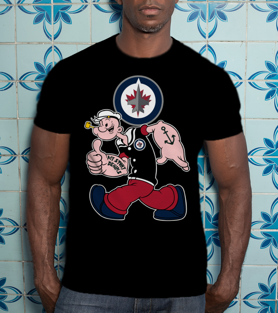 Winnipeg Jets Navy Popeye Walking With Thumbs Up And Anchor Tattoo T-Shirt