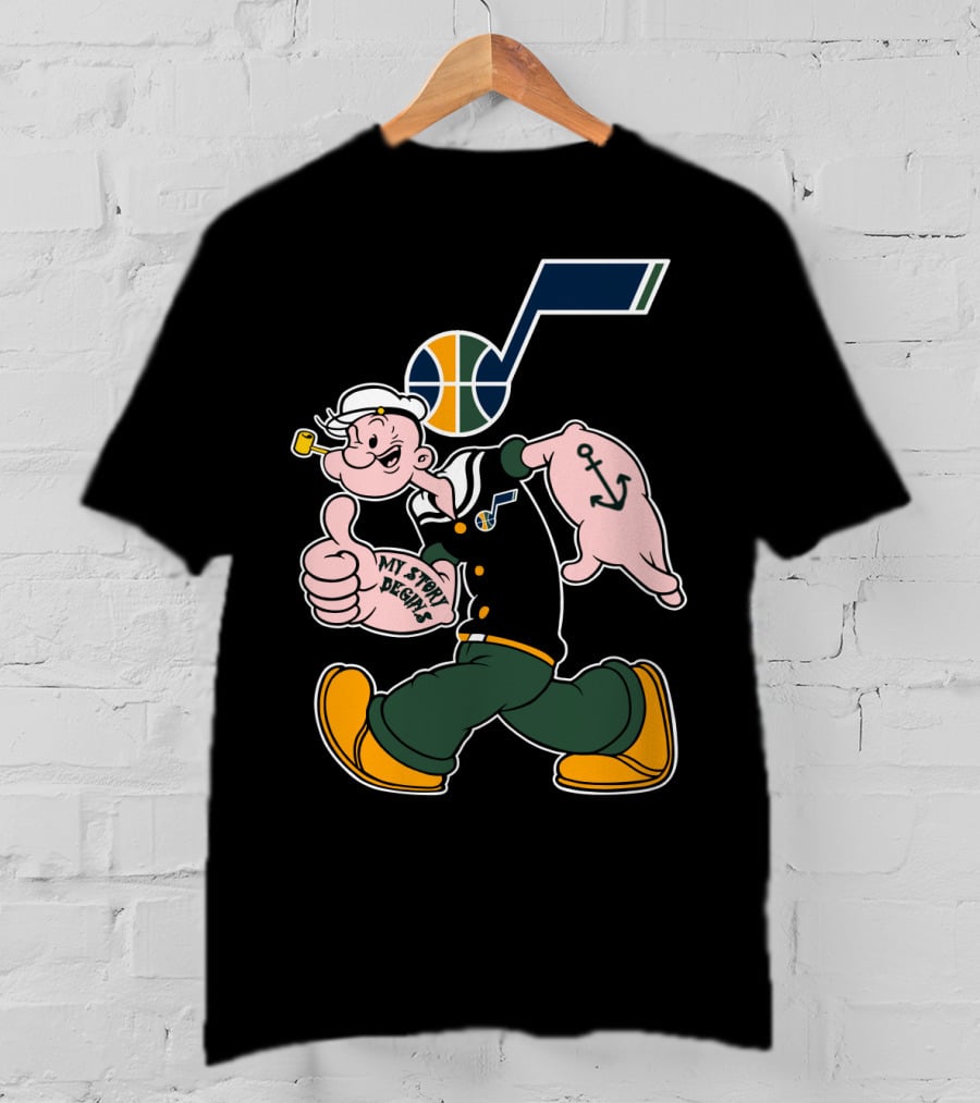 Popeye Walking With Thumb Up And Utah Jazz Basketball T-Shirt