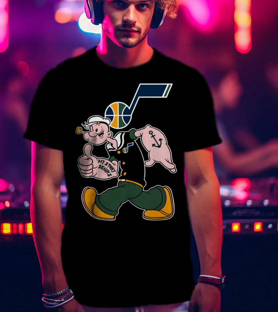 Popeye Walking With Thumb Up And Utah Jazz Basketball T-Shirt