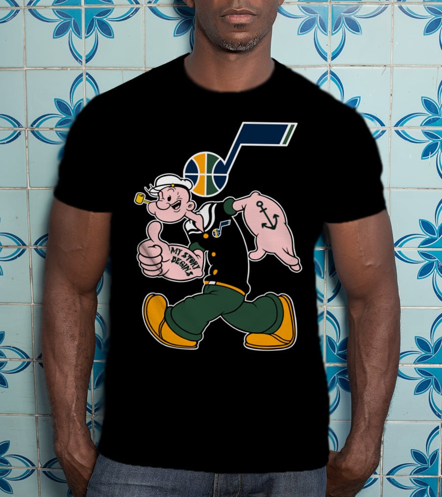 Popeye Walking With Thumb Up And Utah Jazz Basketball T-Shirt