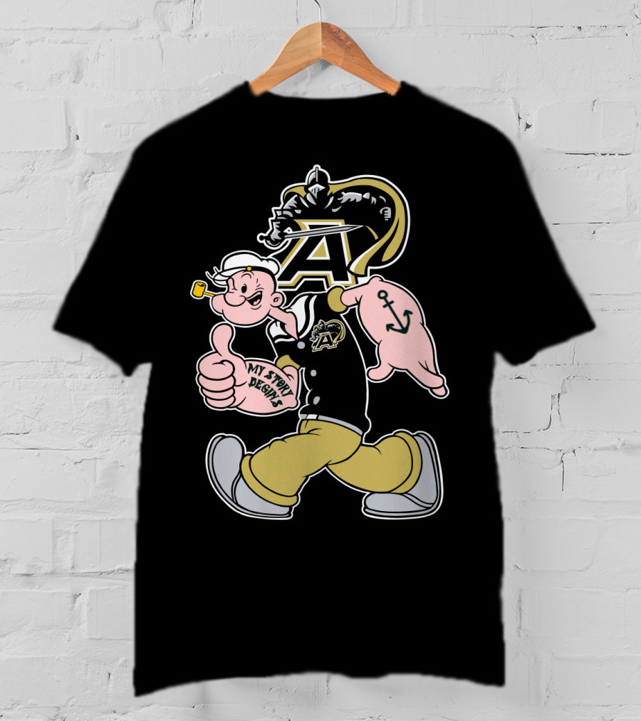 Army Black Knights My Story Begins Popeye Character With Anchor Tattoo T-Shirt