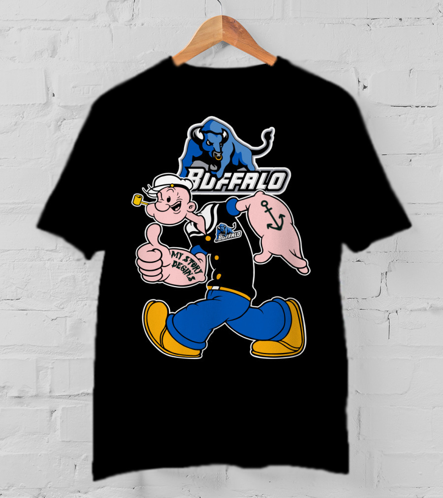 Popeye Buffalo Bulls My Story Begins Thumbs Up Anchor Navy Sailor T-Shirt
