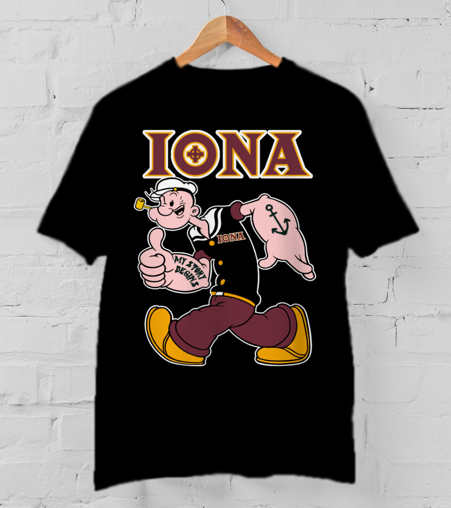 Iona Gaels My Story Begins Sailor Character With Anchor Tattoo T-Shirt