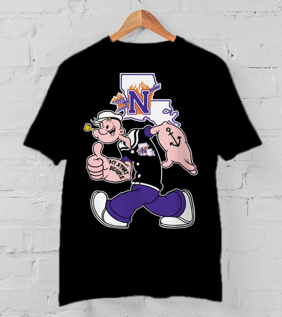 Northwestern State Demons Popeye Graphic With Louisiana State Outline T-Shirt