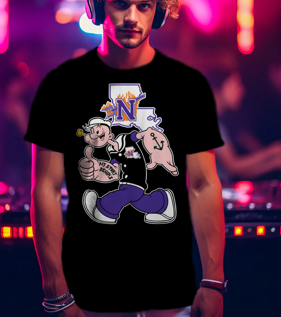 Northwestern State Demons Popeye Graphic With Louisiana State Outline T-Shirt