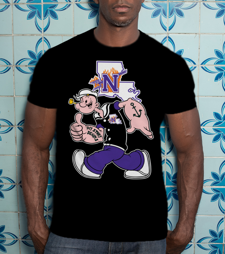 Northwestern State Demons Popeye Graphic With Louisiana State Outline T-Shirt