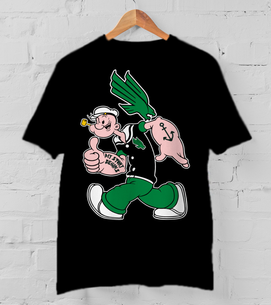 North Texas Mean Green My Story Designs Popeye Sailor Cartoon Anchor Pipe T-Shirt