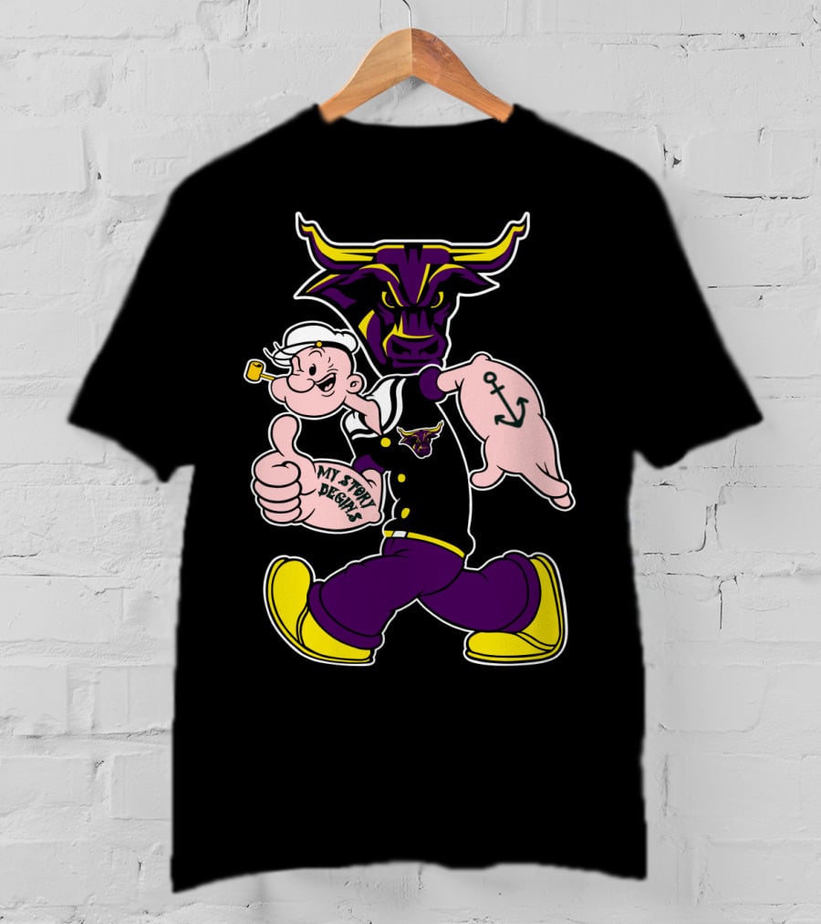 Mavericks My Story Begins Minnesota State 338 Popeye Sailor Tattoo Bull T-Shirt