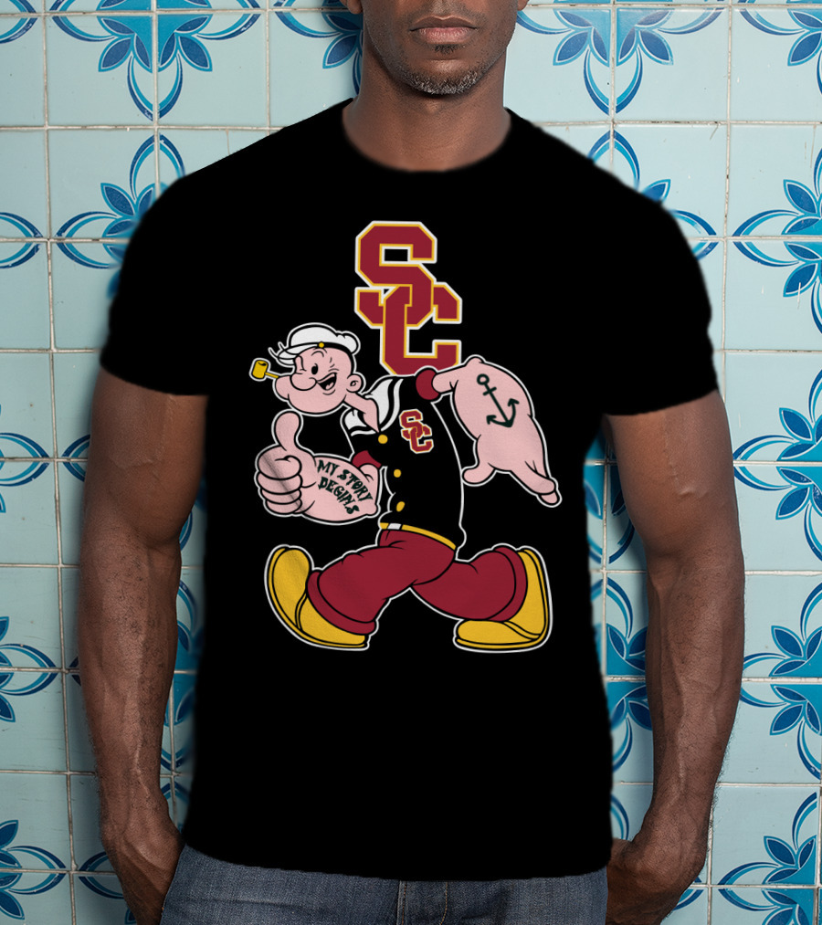 Usc Trojans Sc Logo With Sailor Cartoon And Anchor Tattoo T-Shirt