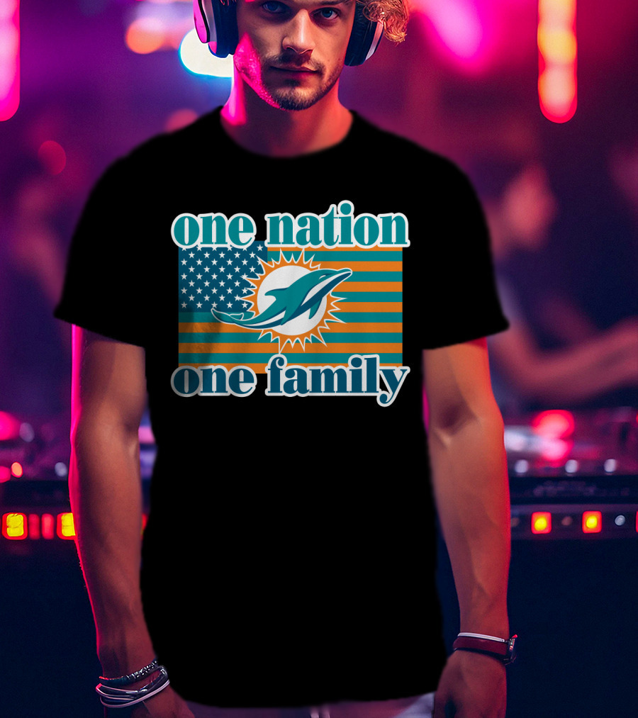 One Nation One Family Miami Dolphins American Flag Logo T-Shirt