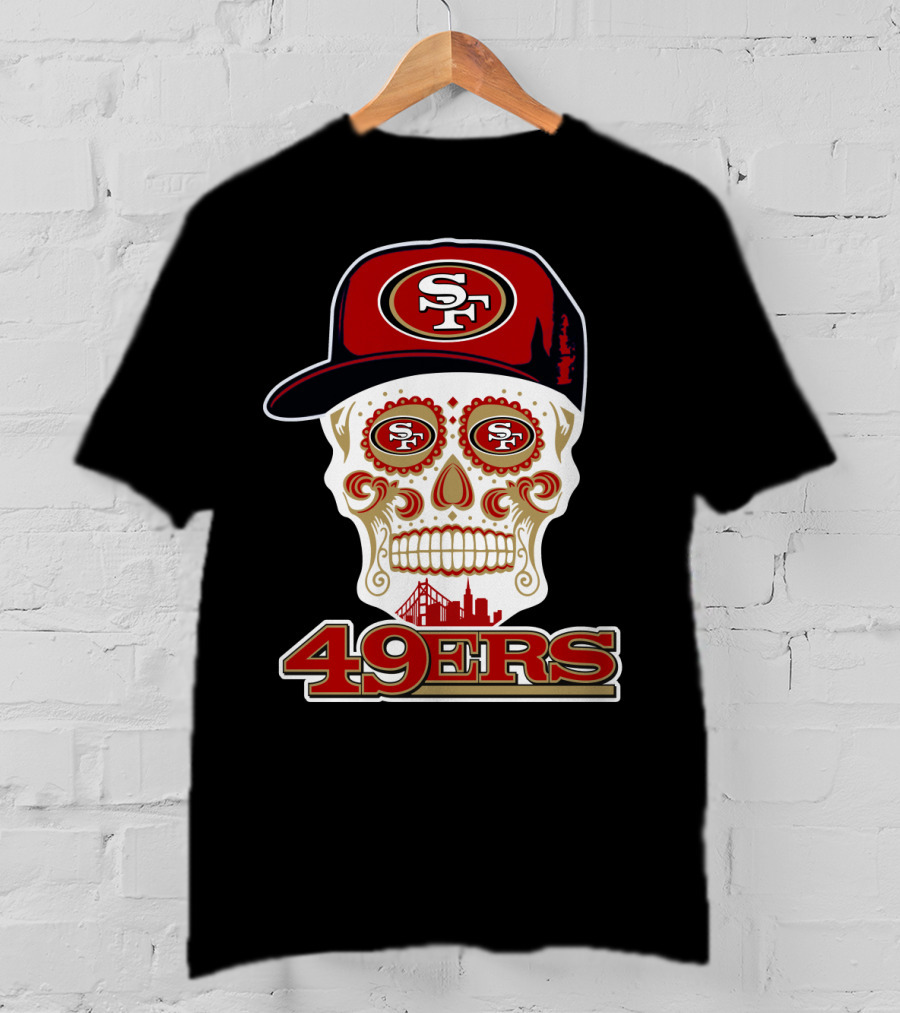 49ers Sf Sugar Skull With Cap And San Francisco Skyline T-Shirt