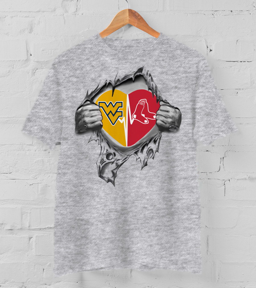 Red Sox West Virginia Mountaineers Heart With Wvu And Boston Logos T-Shirt