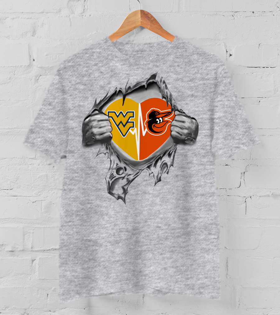 Orioles West Virginia Mountaineers Heart Wvu Logo Baltimore Baseball Bird Fans T-Shirt