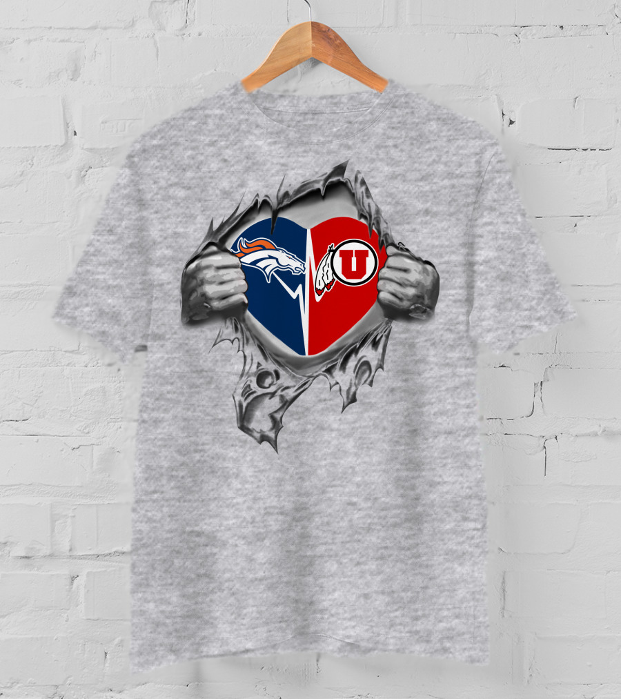 Broncos Utes Heart Logo With Denver And Utah Motifs T-Shirt
