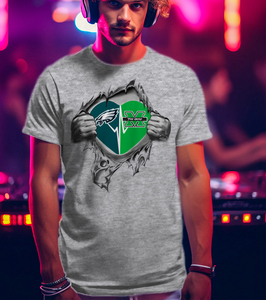 Eagles Marshall Thundering Herd Heart Logo Burst T-Shirt