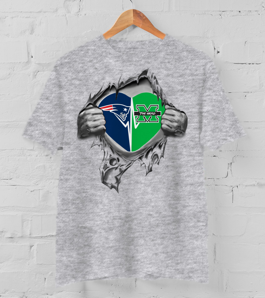 Patriots And Marshall Thundering Herd Heart T-Shirt