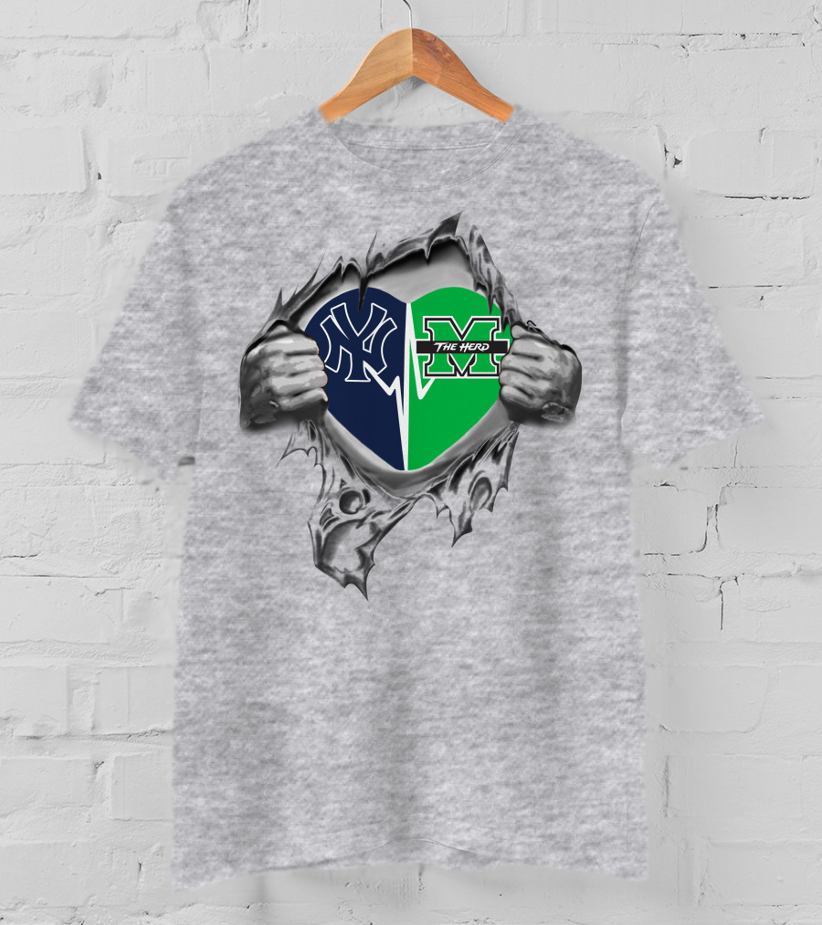 Yankees Marshall Thundering Herd Heart Torn Open T-Shirt
