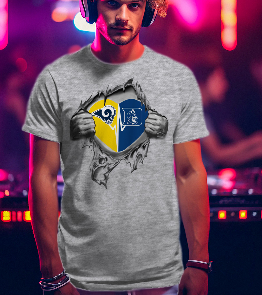 Rams And Duke Blue Devils Heart Torn Open Reveal T-Shirt