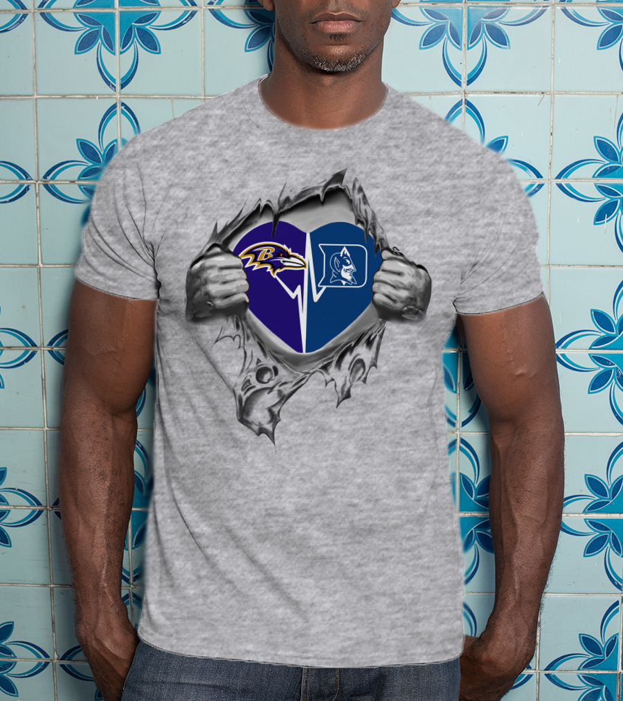 Ravens Duke Heart Logos Inside Ripped Silver Hands T-Shirt