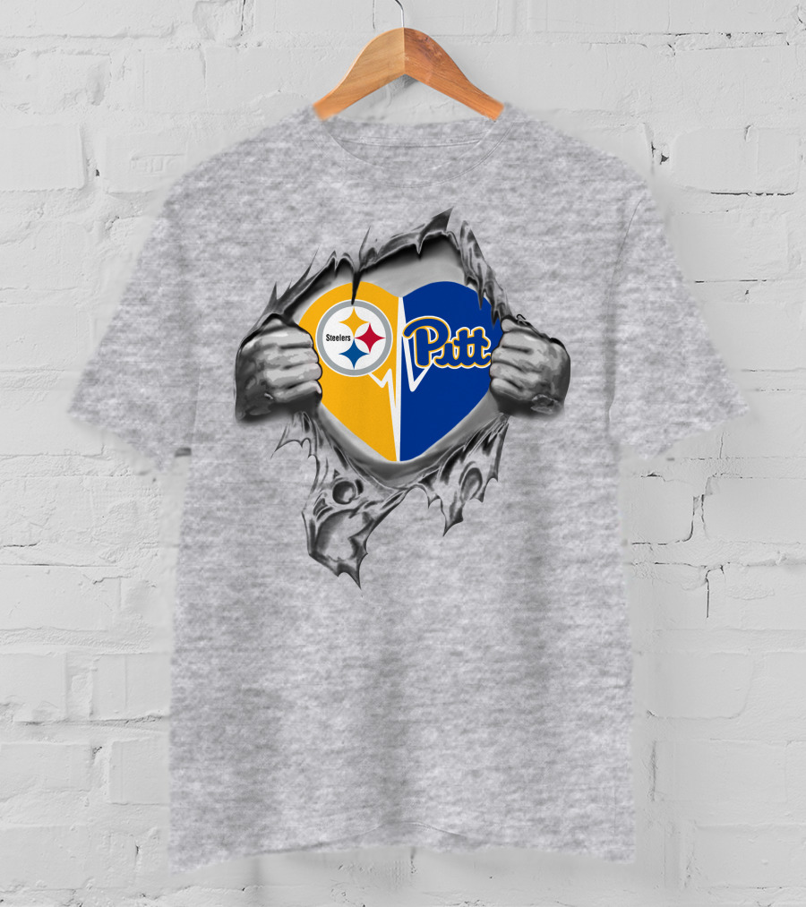 Steelers Pittsburgh Panthers Heart Design With Torn Hands T-Shirt