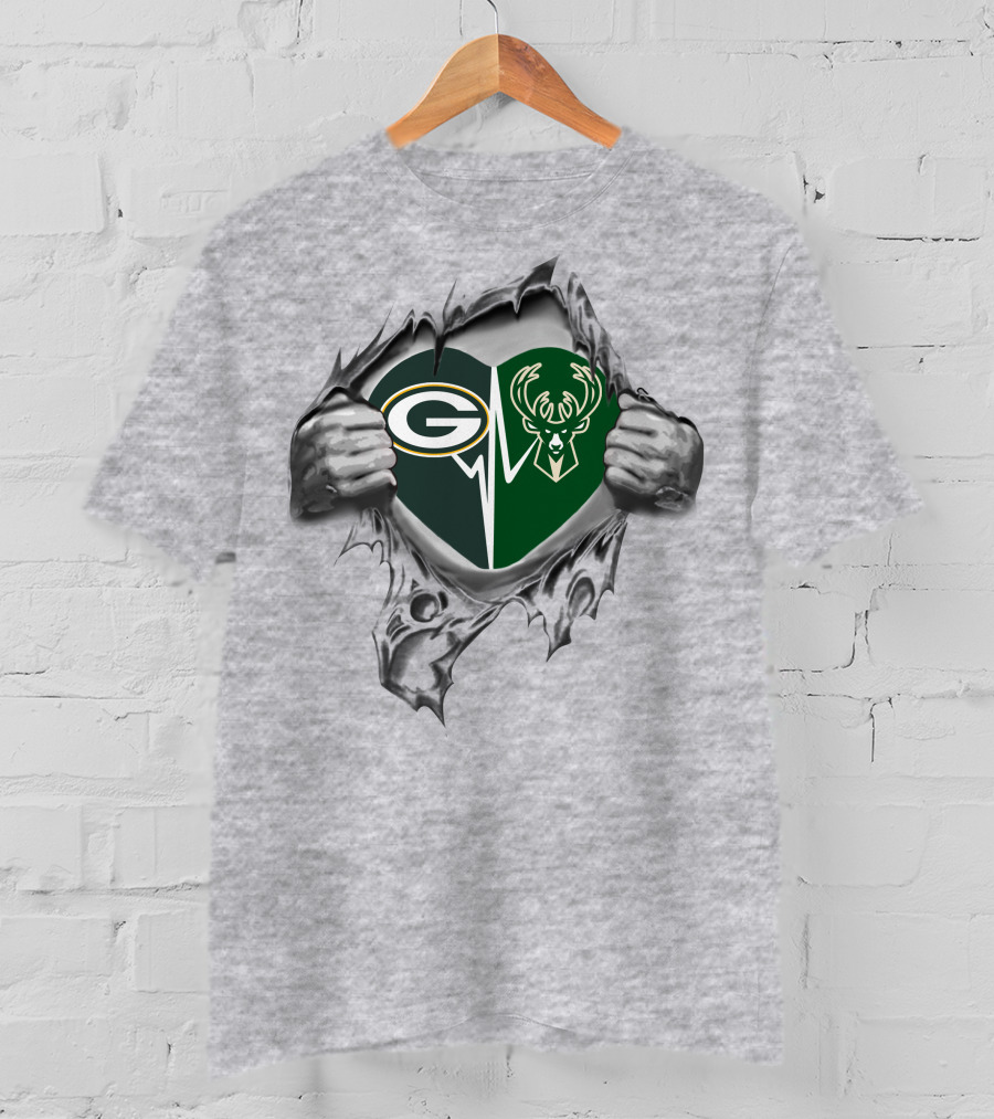 Packers Bucks Heartbeat Green Bay Milkwaukee Fan Pride T-Shirt