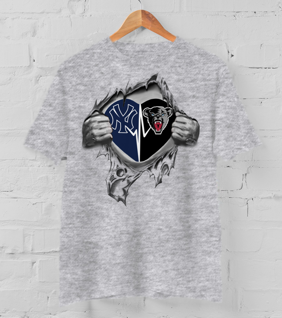 Yankees And Maine Black Bears Heart With Rip Effect T-Shirt