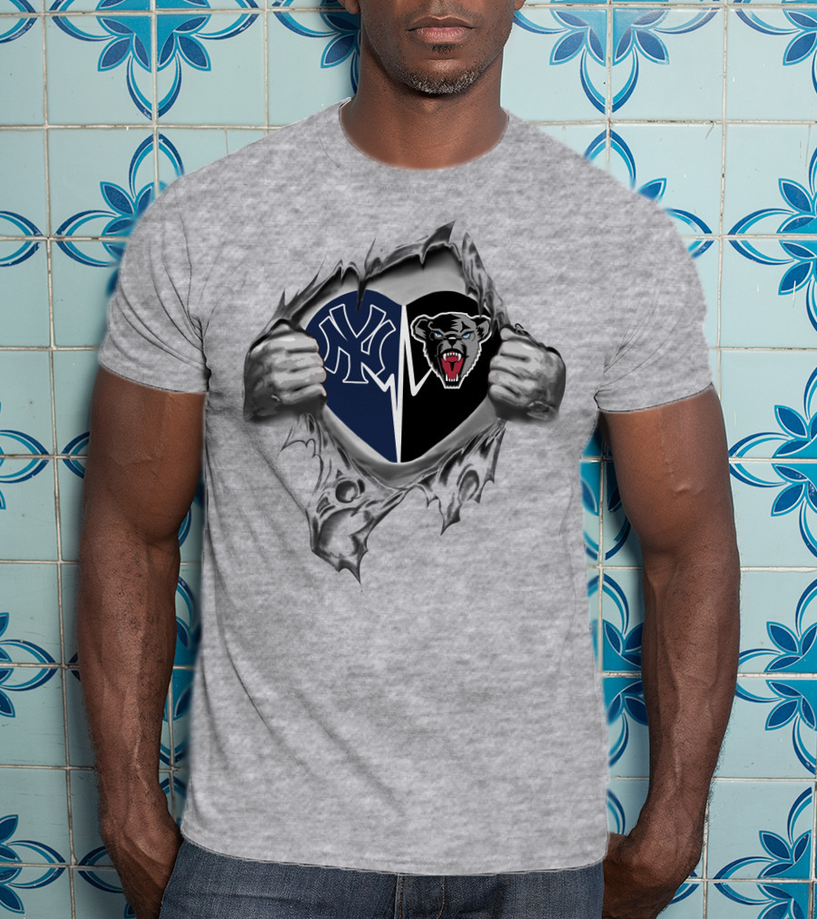Yankees And Maine Black Bears Heart With Rip Effect T-Shirt