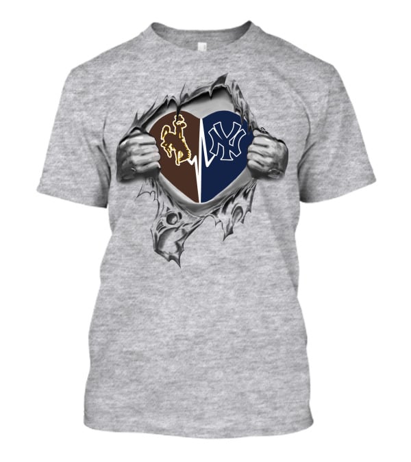Yankees Wyoming Cowboys Heart Split With Iconic Logos T-Shirt