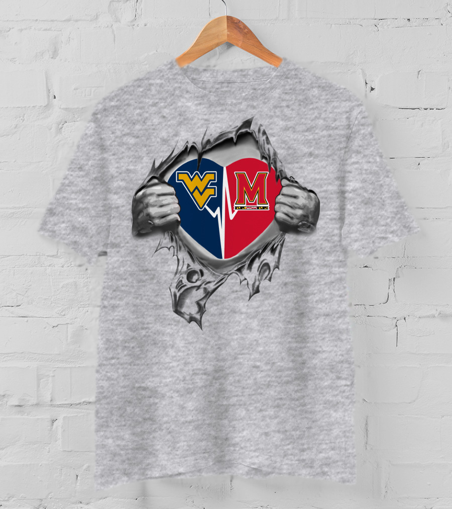 Wvu Vs. Maryland Heart Split With Revealing Metal Hands T-Shirt