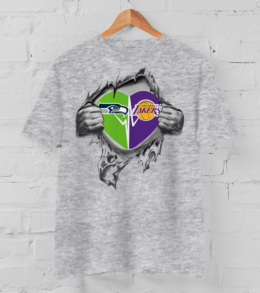 Seahawks Lakers Heart With Logos In Torn T-Shirt