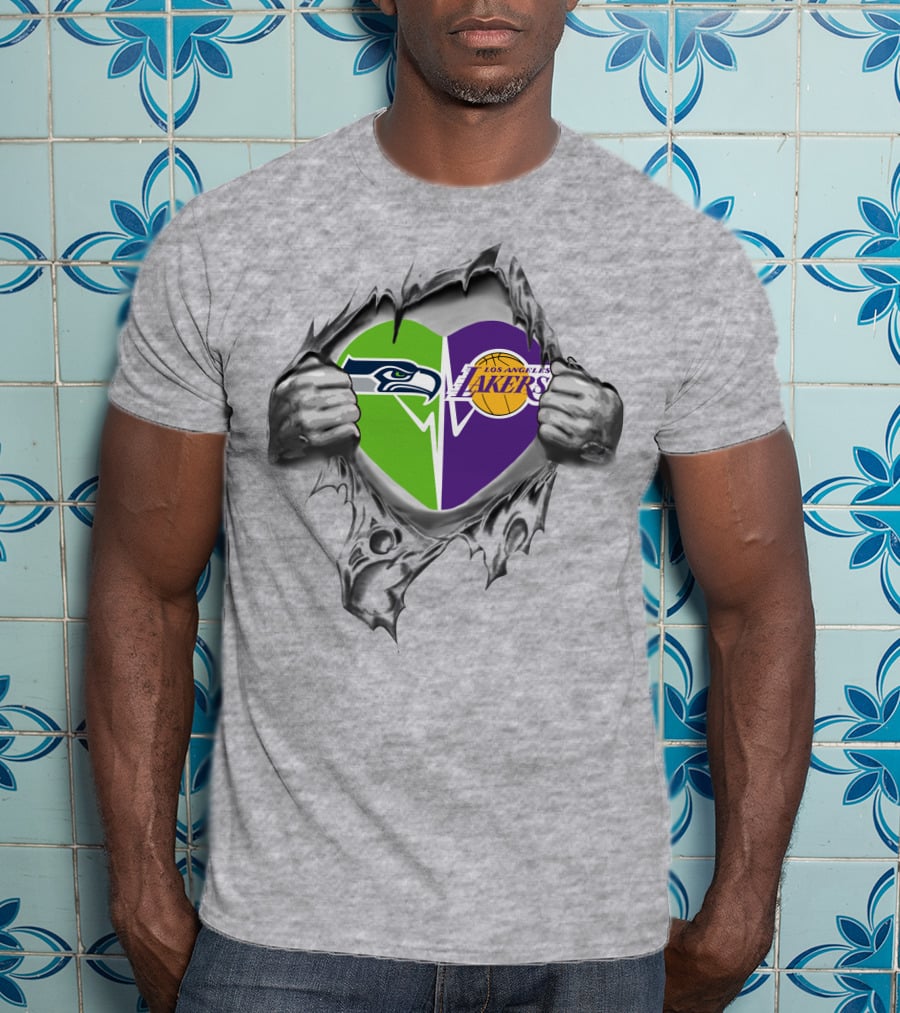 Seahawks Lakers Heart With Logos In Torn T-Shirt