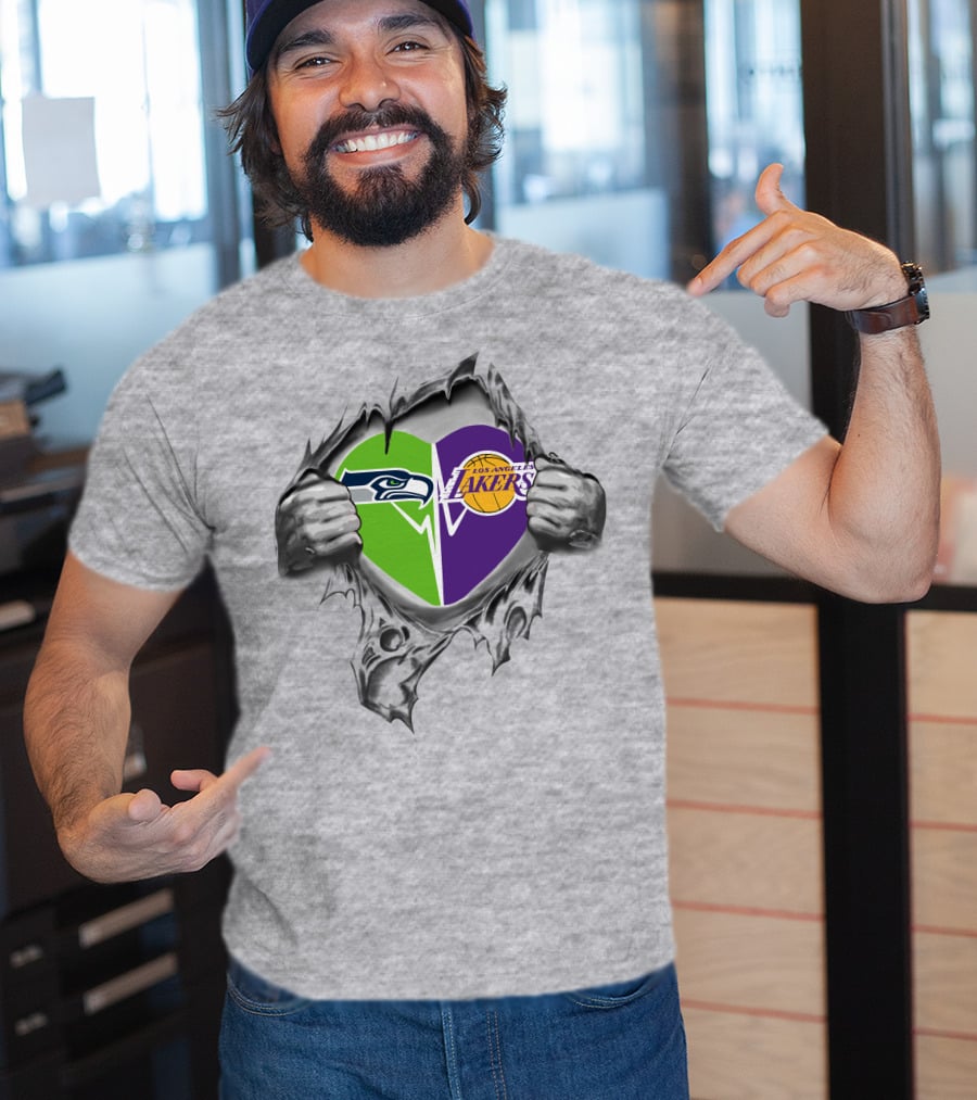 Seahawks Lakers Heart With Logos In Torn T-Shirt