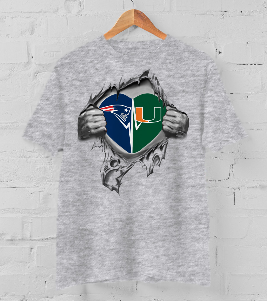 Patriots Miami Hurricanes Heart Symbol Split T-Shirt