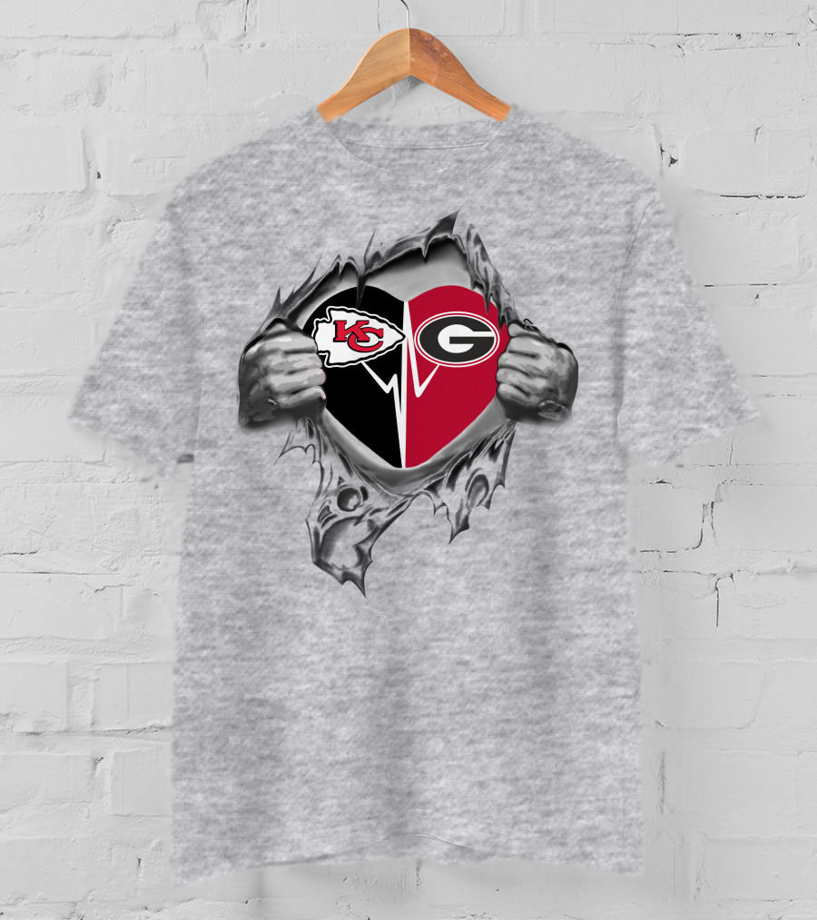 Chiefs Bulldogs Heart Revealed With Kansas City Chiefs Logo And Georgia Bulldogs T-Shirt