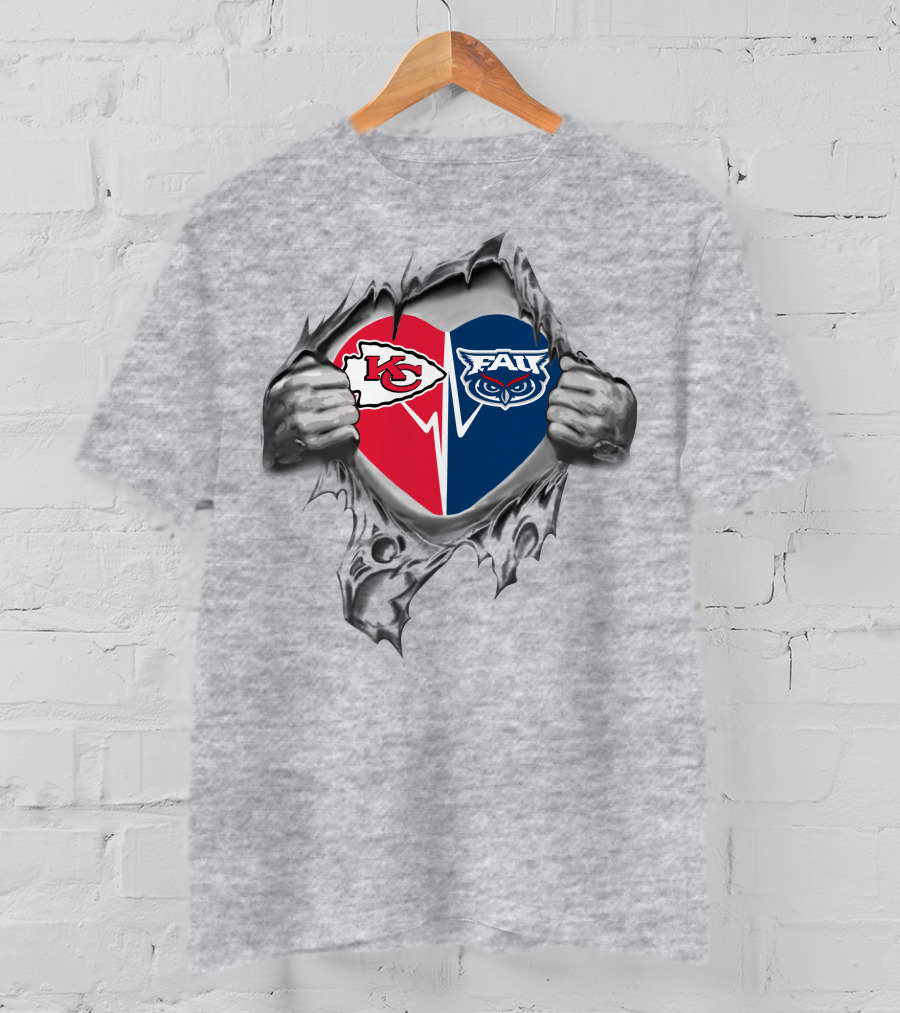 Kansas City Chiefs Fau Owls Dual Heart Symbol With Torn Fabric T-Shirt