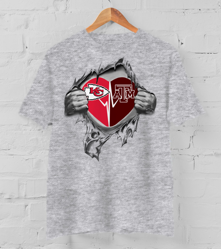 Kansas City Chiefs And Texas A&M Heart Logo With Ripped T-Shirt