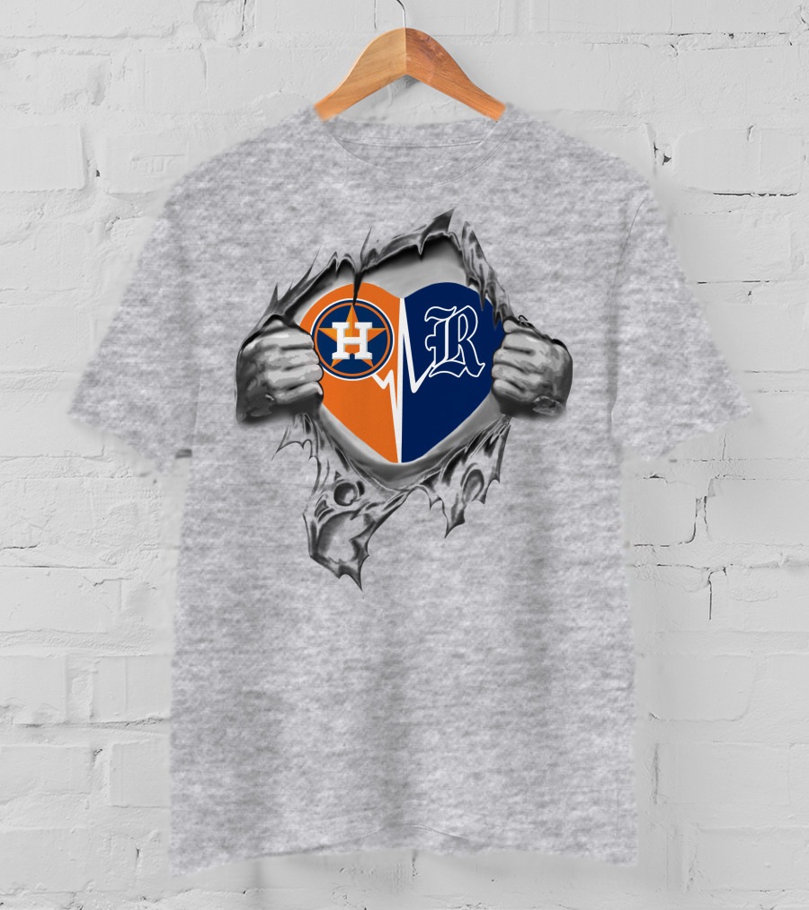 Astros Rice Owls Heartbeat Fusion With Torn Silver Grayscale Hands T-Shirt