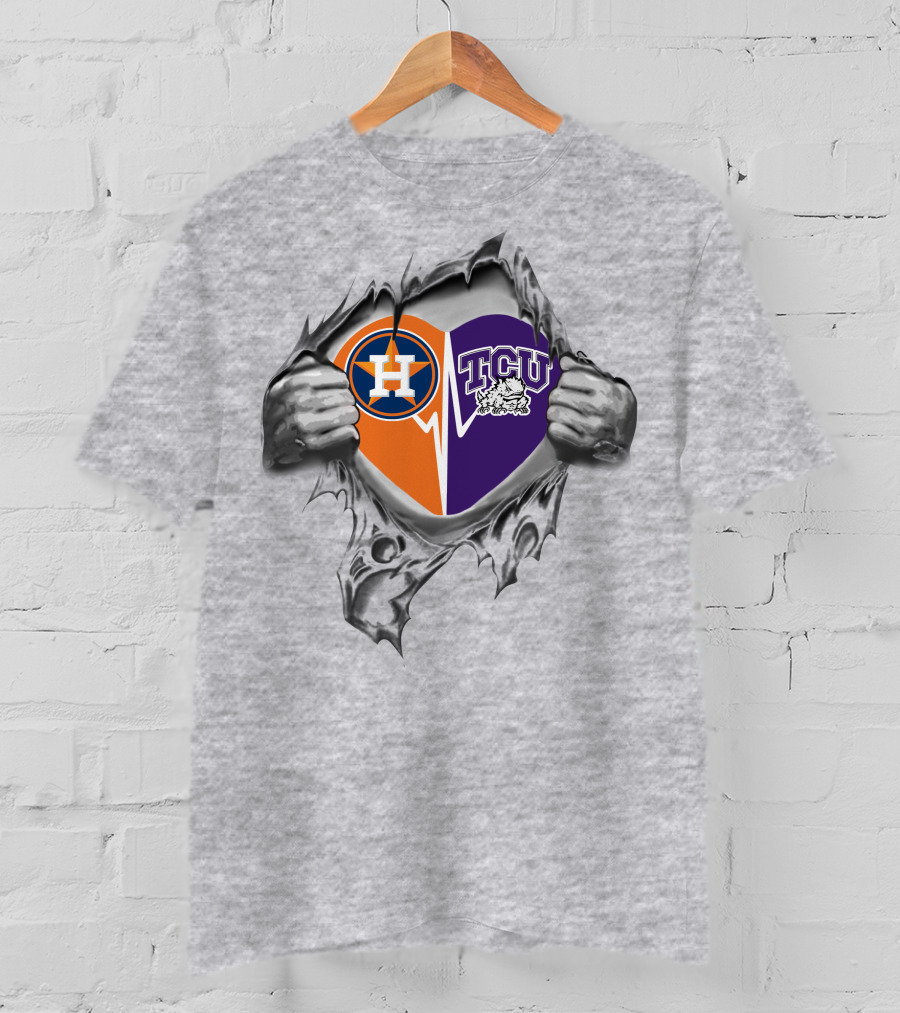 Astros Tcu Heart Rip Design With Houston Logo And Horned Frog T-Shirt
