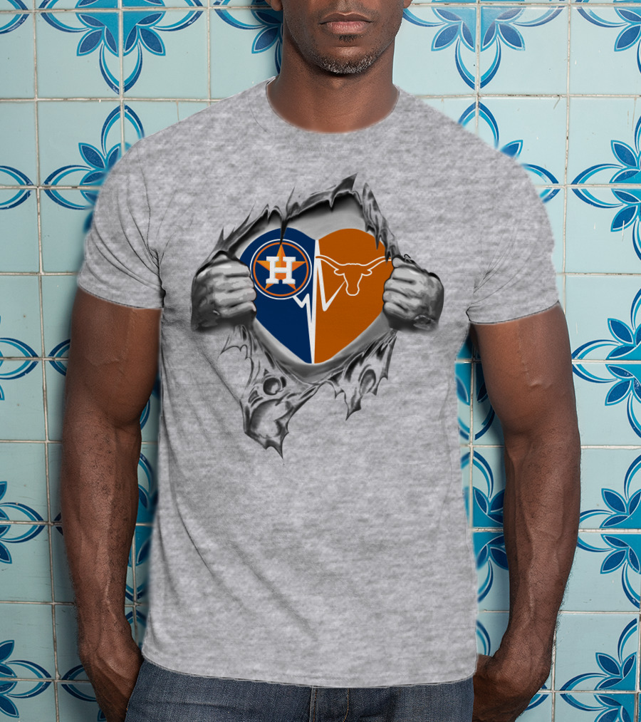 Astros Texas Longhorns Heart With Ripped Hands T-Shirt