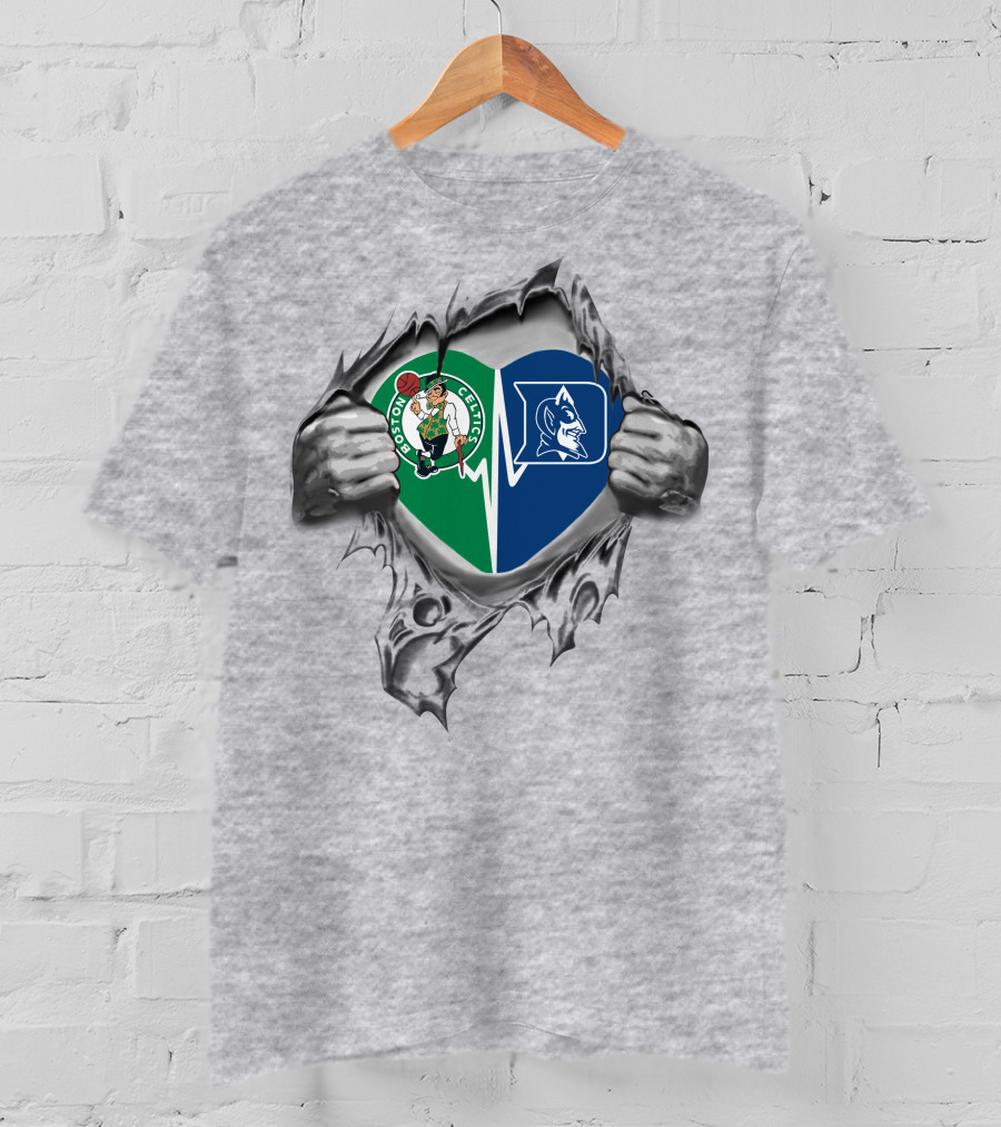 Boston Celtics And Duke Blue Devils Heart Ripped T-Shirt