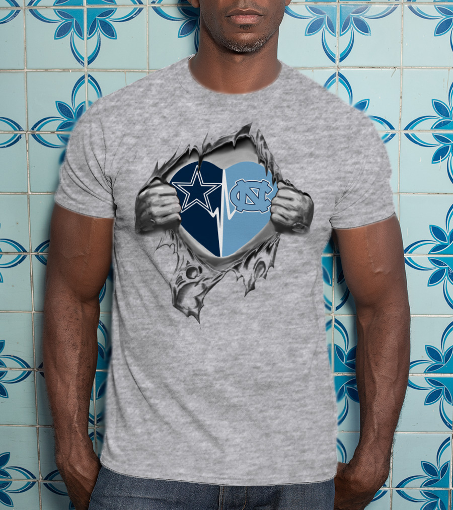 Cowboys Tar Heels Heart In My Chest With Iconic Dallas And Unc Logos T-Shirt