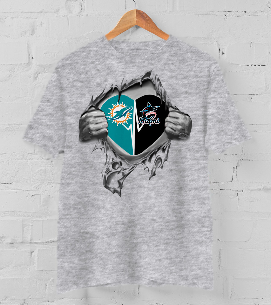 Miami Dolphins Marlins Heart Torn Reveal T-Shirt