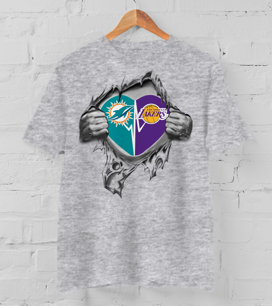 Dolphins Lakers Heart Torn Silver Hands T-Shirt